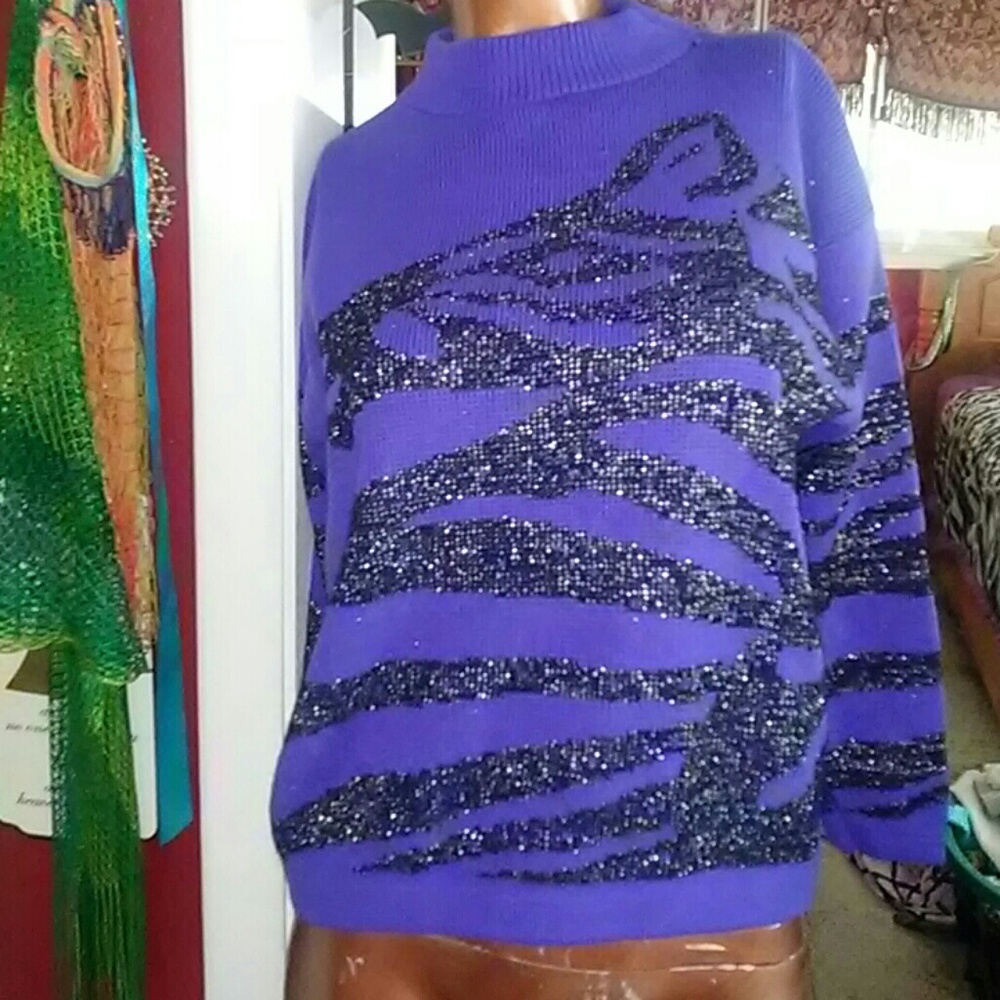 Vintage purple sweater with silver and black zebra